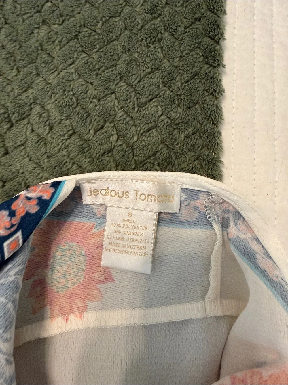 Jealous Tomato Cream Crop Top with Coral Floral Print and Navy Trim